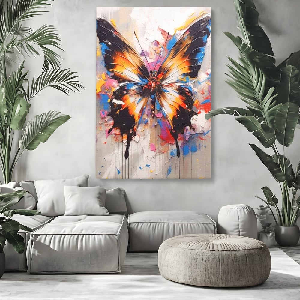 Tablou canvas cu tablou vertical cu fluture pictat, fara rama, pe sasiu de lemn, pe perete intr-un living